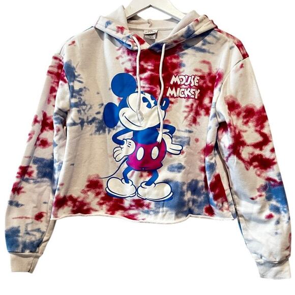 Disney Size Small Tie Dye Red Blue Mickey Mouse Cropped Hoodie Collector - Picture 1 of 11